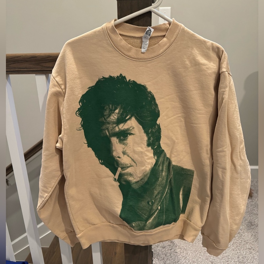 Graphic Beige Sweatshirt with Green Print of Bob Weir of Grateful Dead